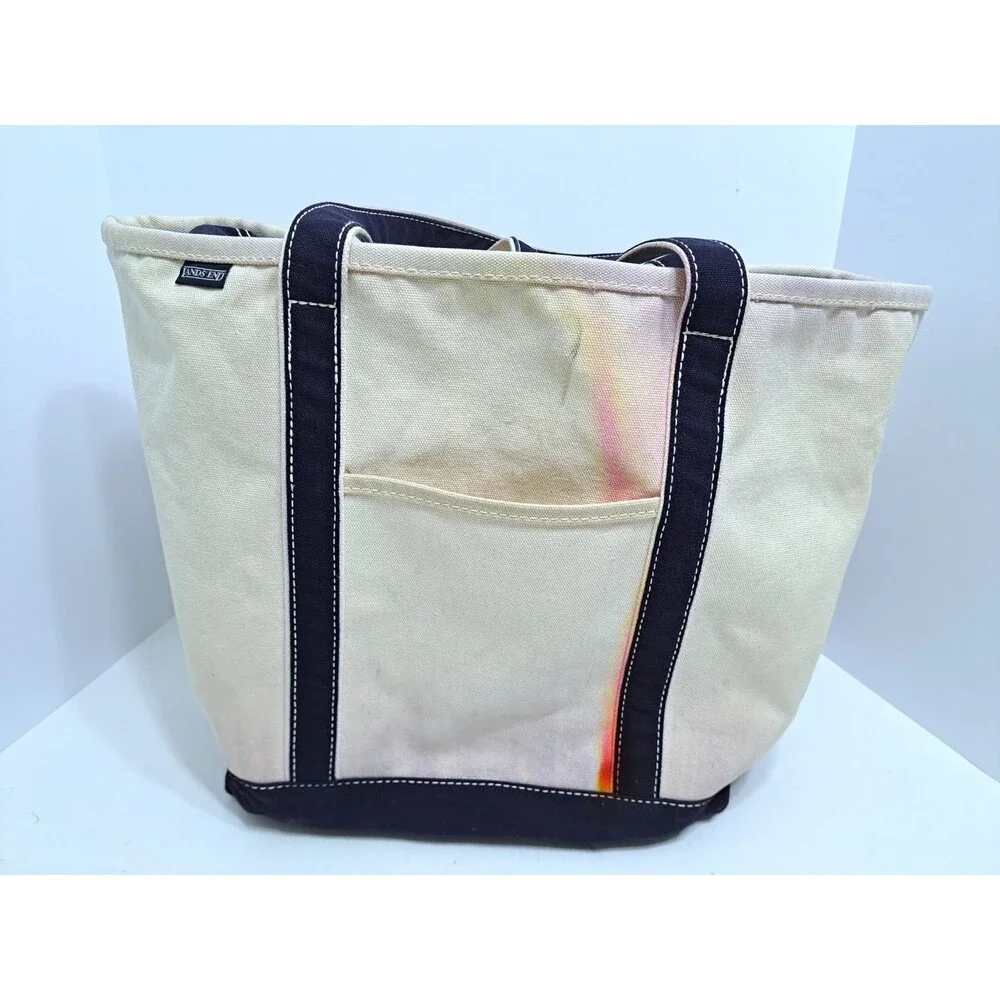 Vintage Lands End Canvas Boat Tote Beach Travel Bag Blue Large Philadelphia
